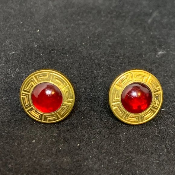 Vintage Tisco Sepa Link Etched Gold Tone Red Stone Cufflinks (2549) - Picture 1 of 4